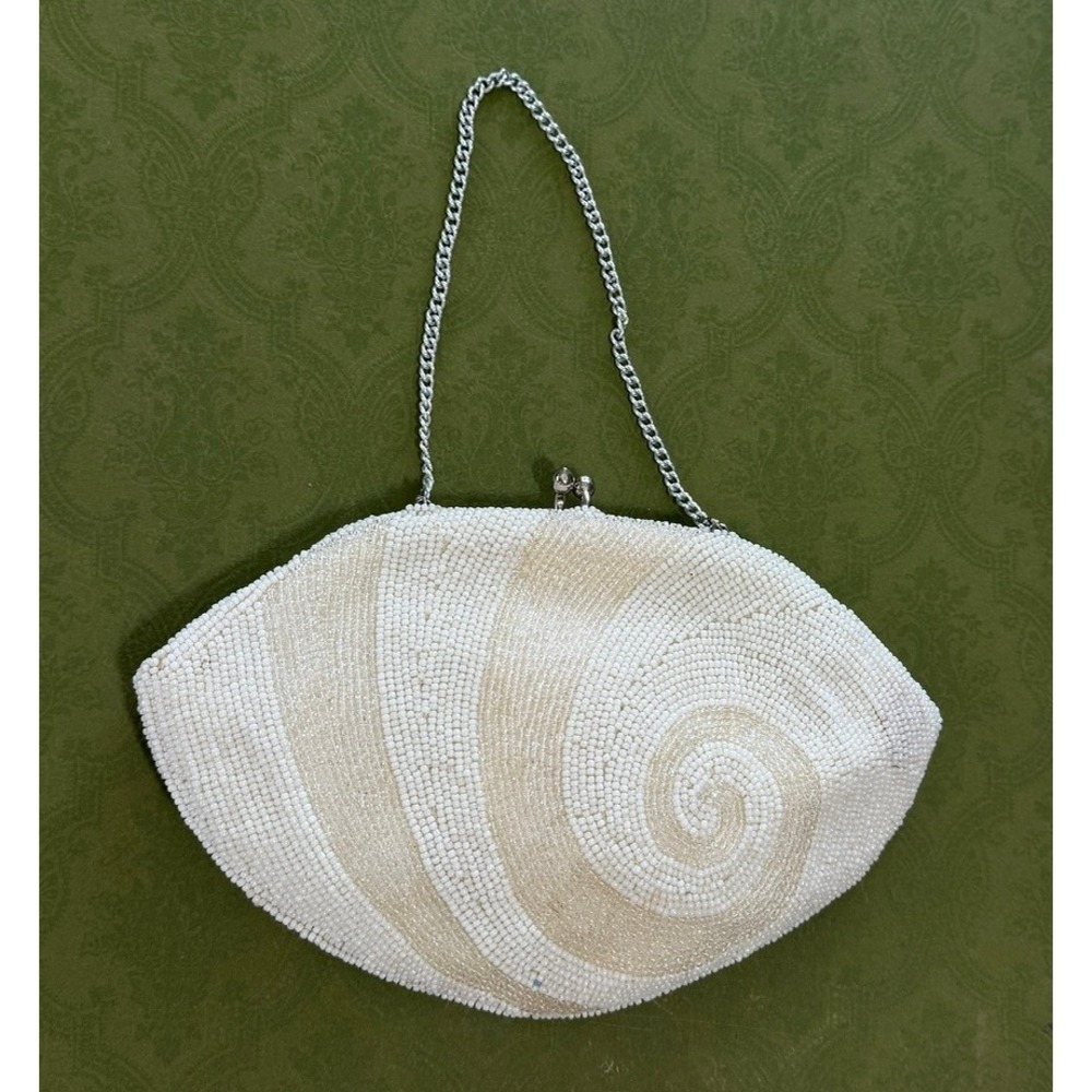 Vintage Bags by Josef Hand Beaded Swirl Evening Bag White Cream Japan Kiss Lock